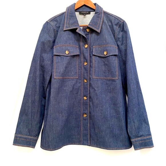 Lafayette 148 New York Tops - Lafayette 148 Womens Chambray Denim Shirt Size M Blue Contrast Stitching EUC